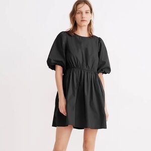 Madewell Poplin Crewneck Bubble-Sleeve Mini Dress in Black